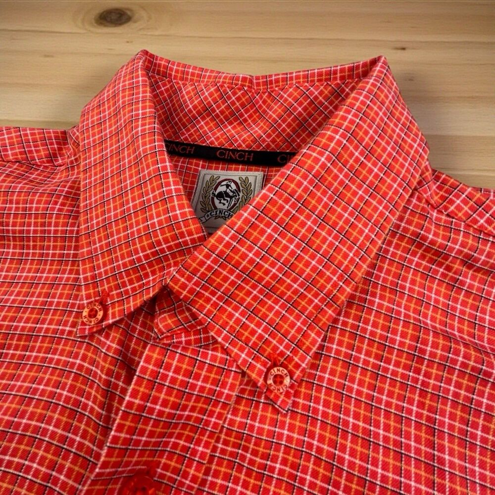 Cinch Western Shirt M Orange Plaid Button Down Cowboy Rodeo Long Sleeve